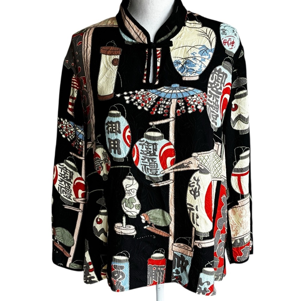 Citron Silk Asian Motif Pullover Blouse Black Multicolored XL